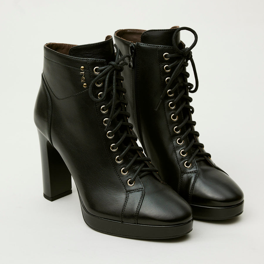 NeroGiardini Black Leather High Heeled Lace-Up Ankle Boots - Nozomi