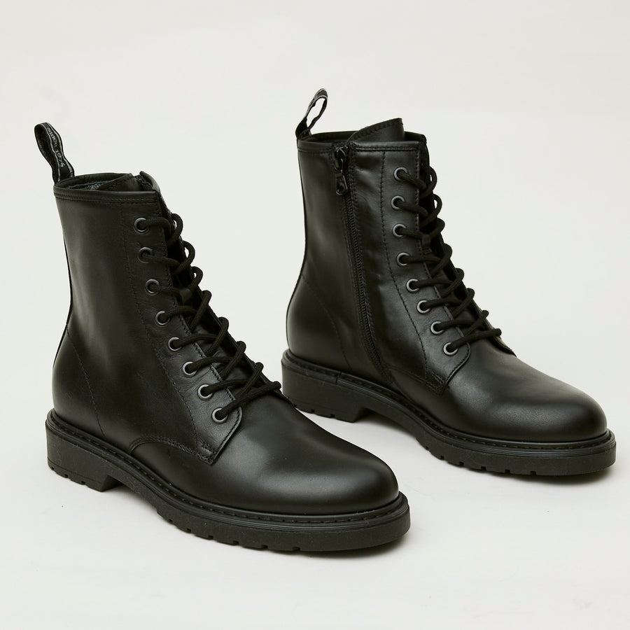 NeroGiardini Black Leather Flat Combat Style Ankle Boots - Nozomi