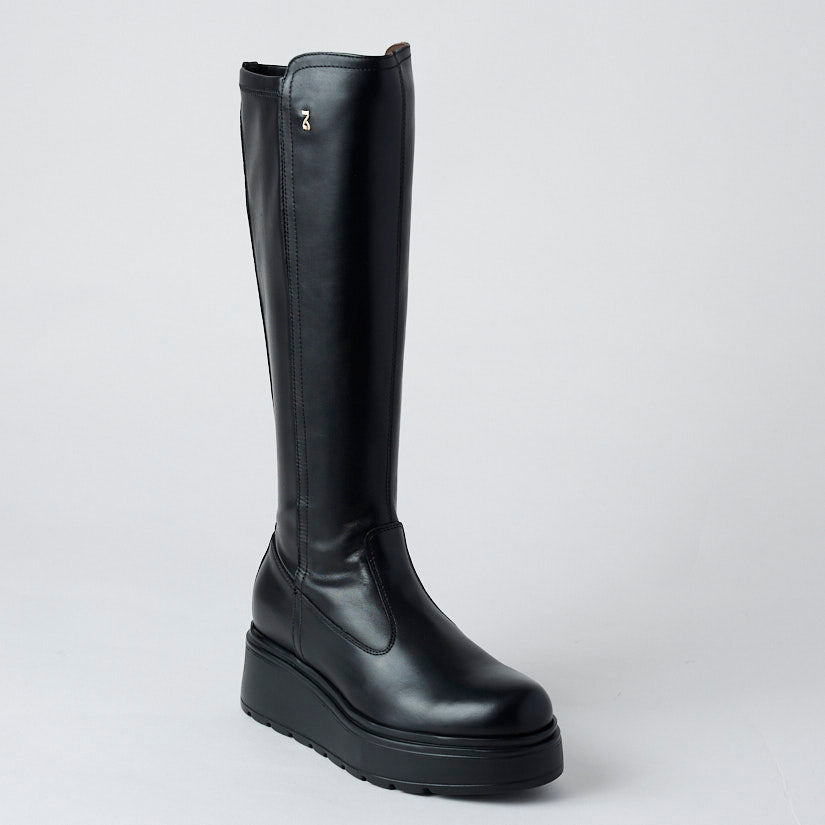 NeroGiardini Black Leather Knee High Flatform Boots