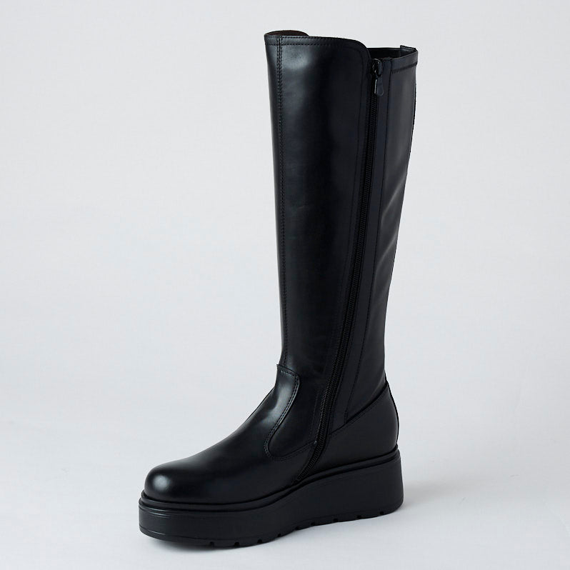 NeroGiardini Black Leather Knee High Flatform Boots