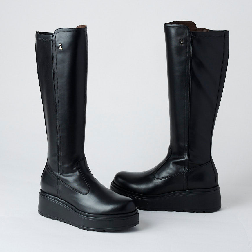 NeroGiardini Black Leather Knee High Flatform Boots