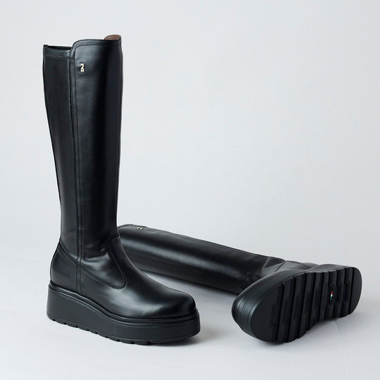 NeroGiardini Black Leather Knee High Flatform Boots - Nozomi