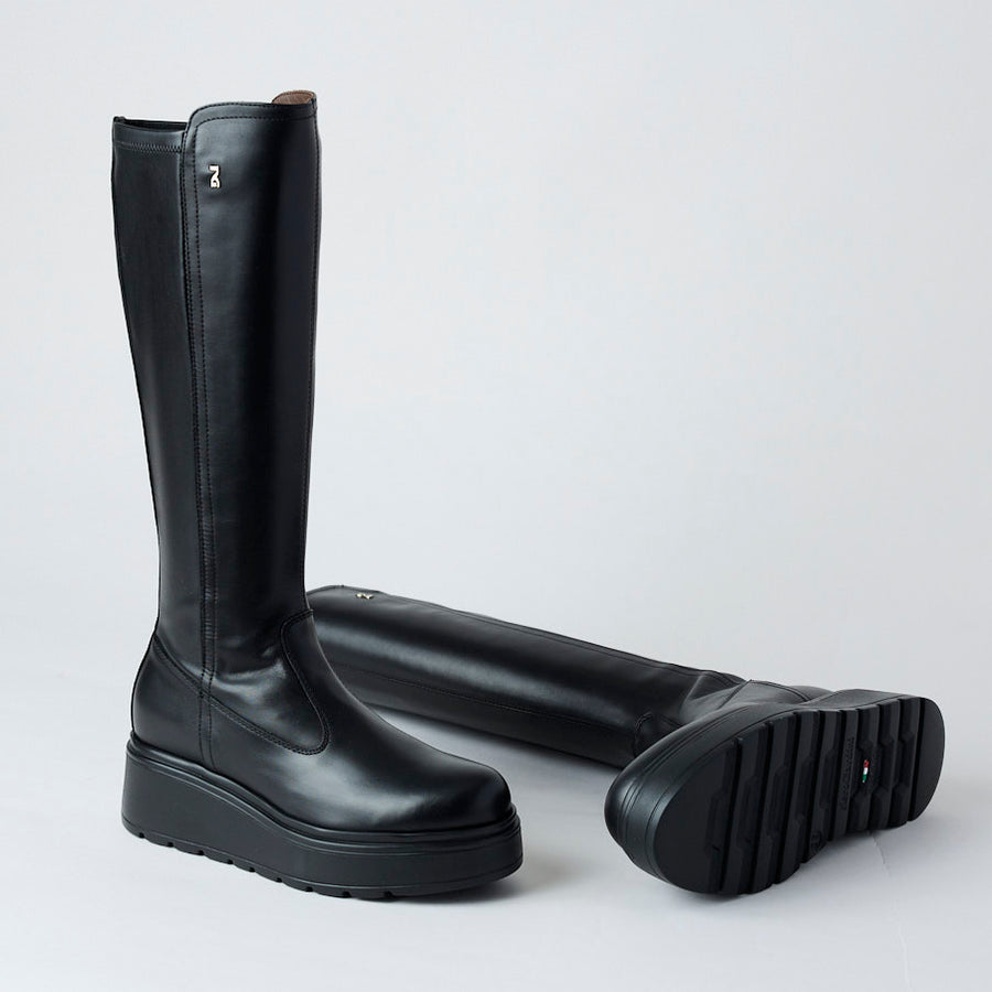 NeroGiardini Black Leather Knee High Flatform Boots