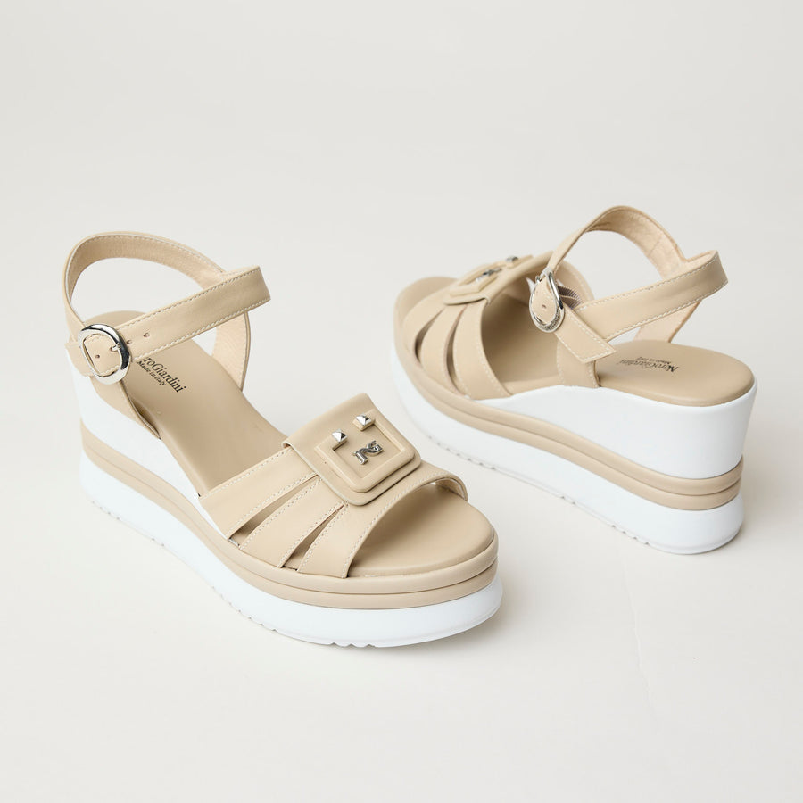 NeroGiardini Beige Leather Wedge Sandals - Nozomi