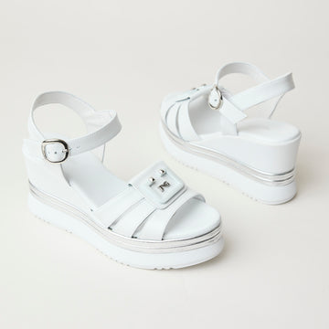NeroGiardini White Leather Wedge Sandals