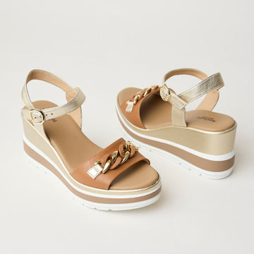 NeroGiardini Gold and Tan Leather Wedge Sandals - Nozomi