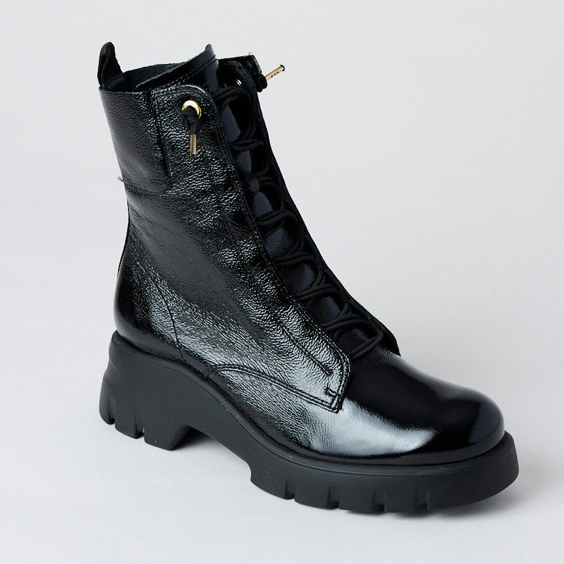 Paul Green Black Patent Leather Military Style Boots - Nozomi