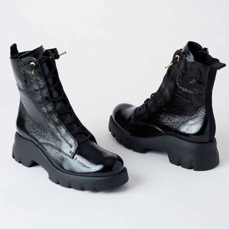 Paul Green Black Patent Leather Military Style Boots - Nozomi