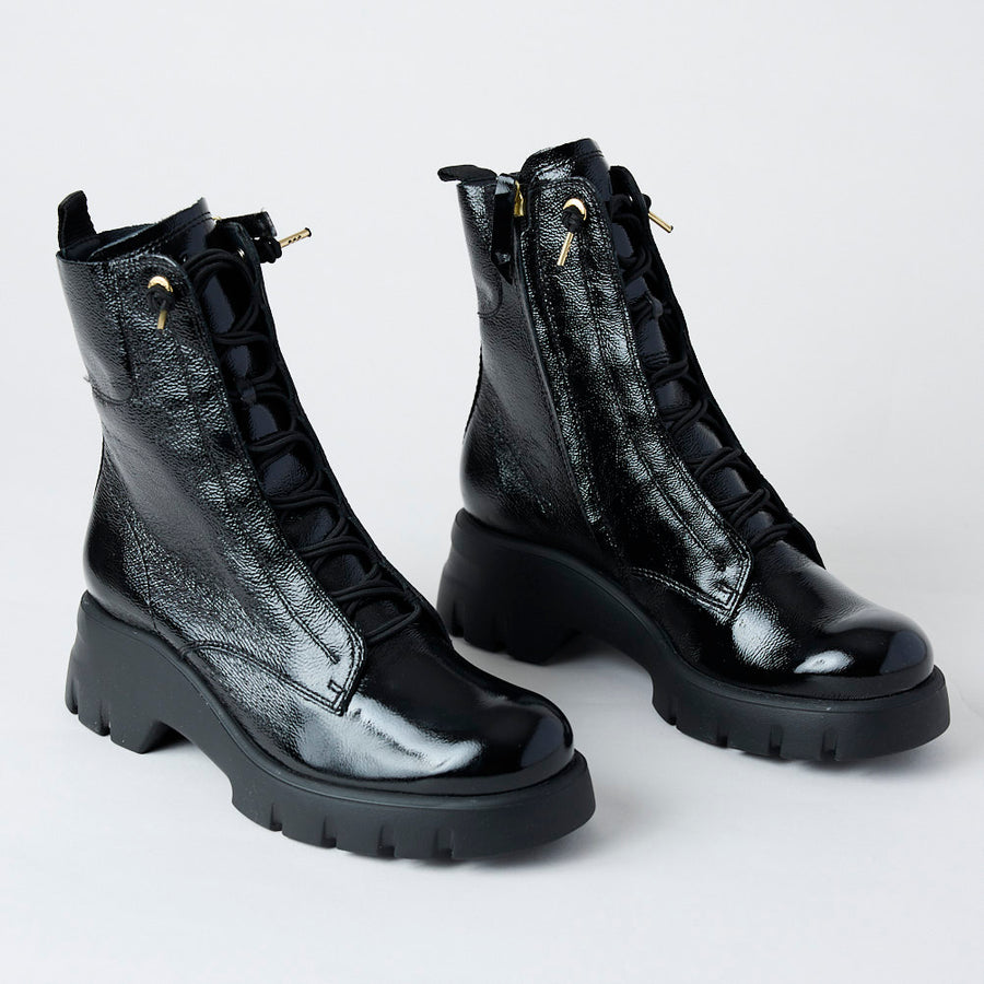 Paul Green Black Patent Leather Military Style Boots - Nozomi