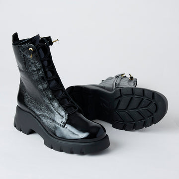Paul Green Black Patent Leather Military Style Boots - Nozomi