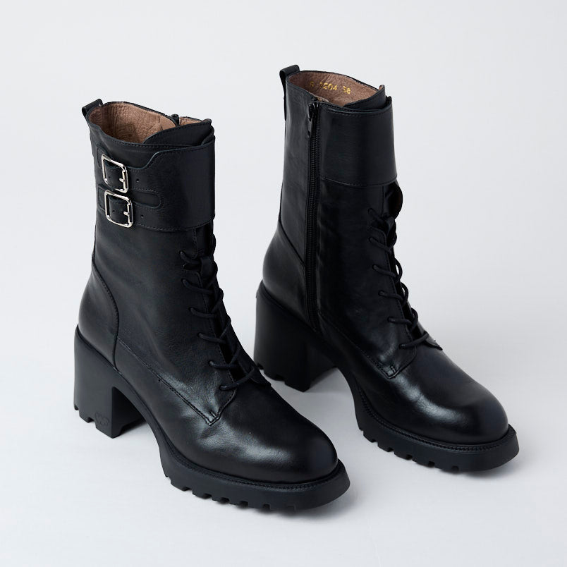 Wonders Black Leather Biker Style Boots - Nozomi