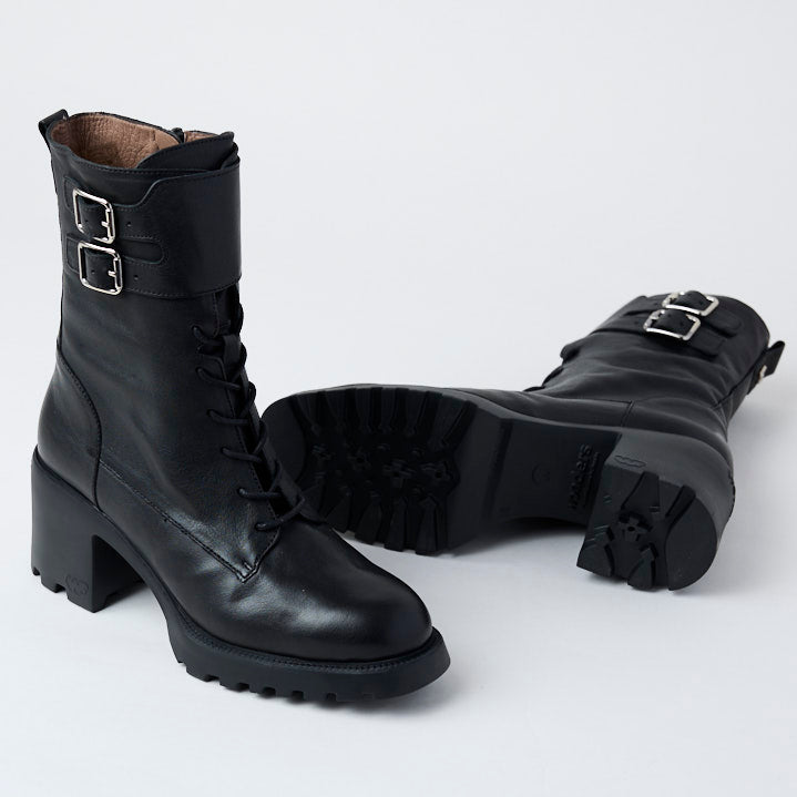 Wonders Black Leather Biker Style Boots - Nozomi