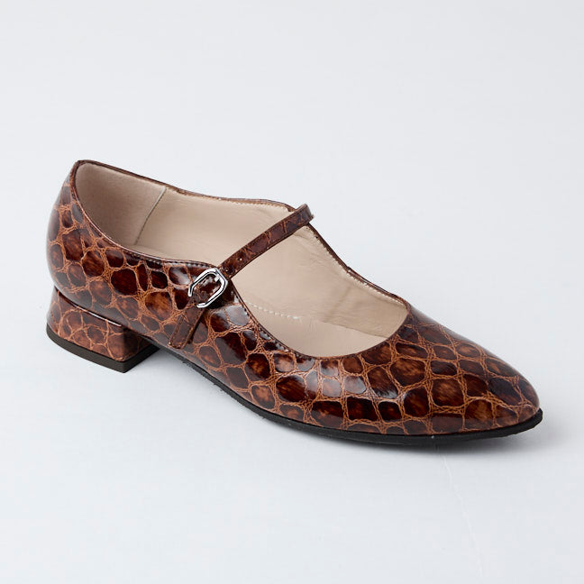 Wonders Brown Patent Croc Leather Mary Jane Shoes - Nozomi