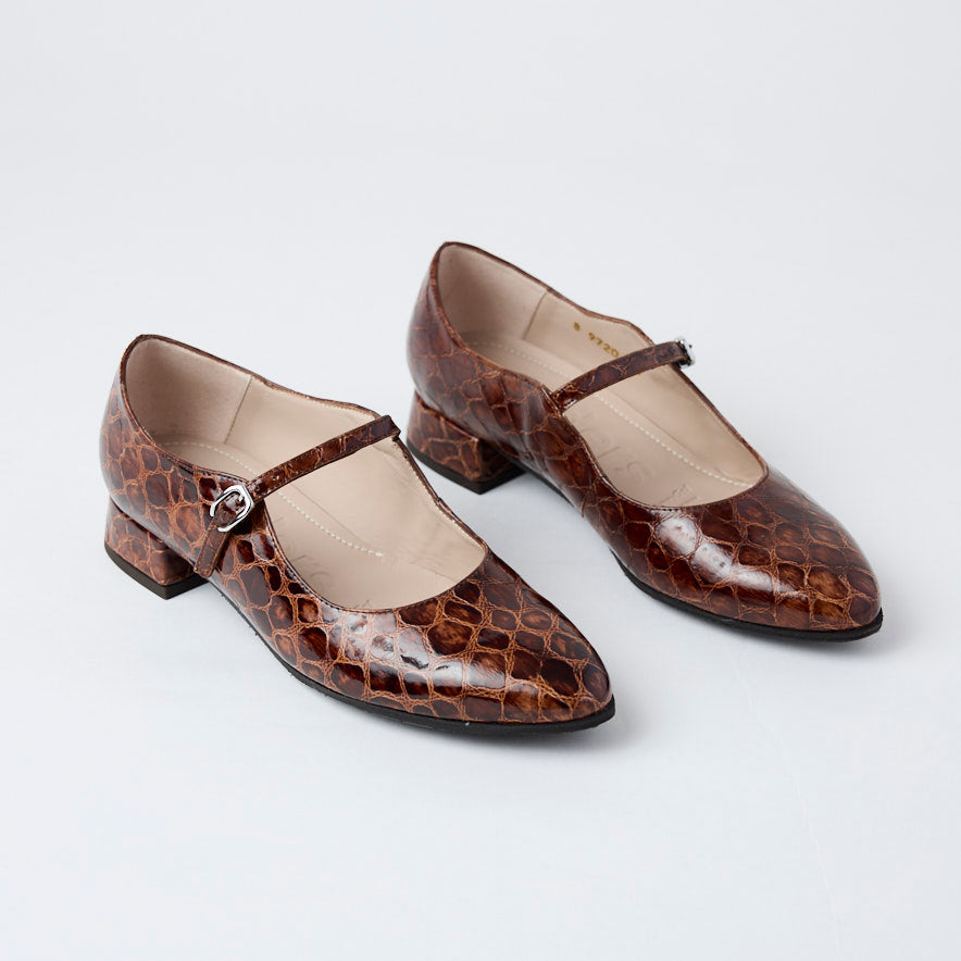 Wonders Brown Patent Croc Leather Mary Jane Shoes - Nozomi