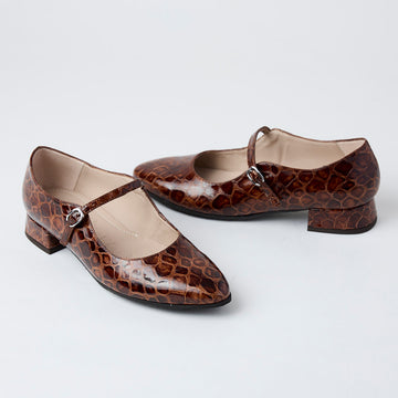 Wonders Brown Patent Croc Leather Mary Jane Shoes - Nozomi