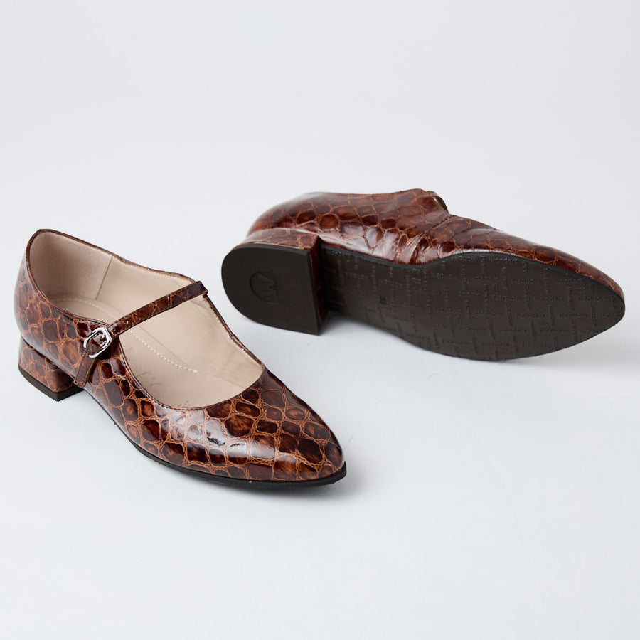 Wonders Brown Patent Croc Leather Mary Jane Shoes - Nozomi