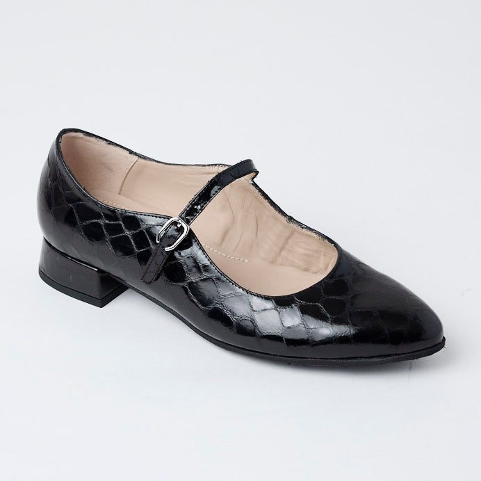 Wonders Black Patent Croc Leather Mary Jane Shoes - Nozomi