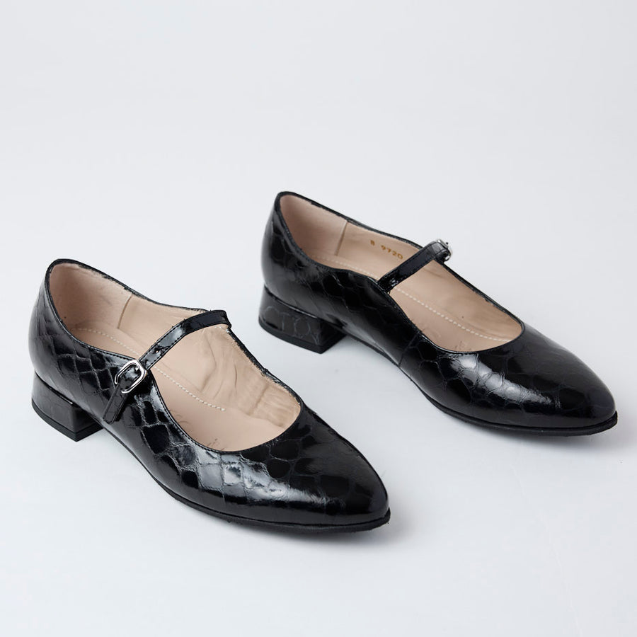 Wonders Black Patent Croc Leather Mary Jane Shoes - Nozomi
