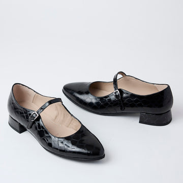 Wonders Black Patent Croc Leather Mary Jane Shoes - Nozomi