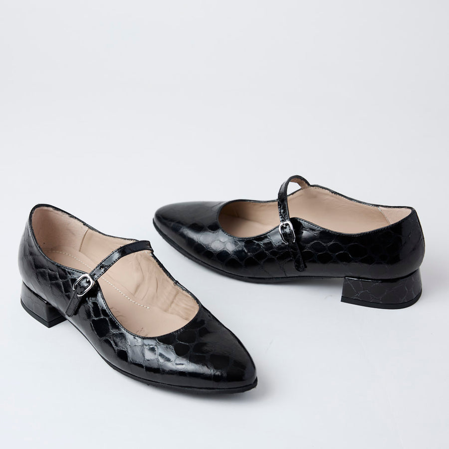 Wonders Black Patent Croc Leather Mary Jane Shoes - Nozomi