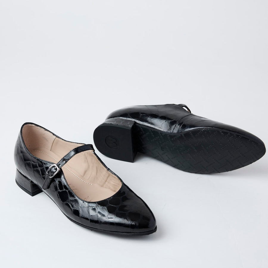 Wonders Black Patent Croc Leather Mary Jane Shoes - Nozomi