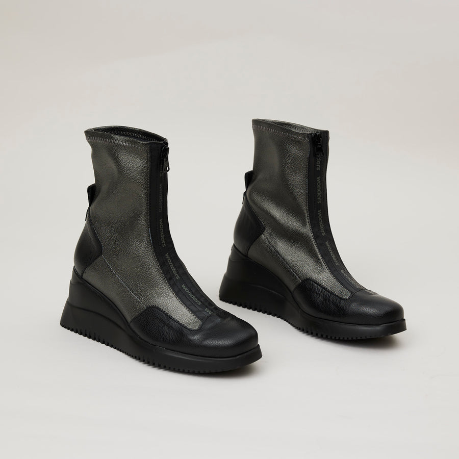 Wonders Black, Grey Stretch Leather Ankle Boots - Nozomi