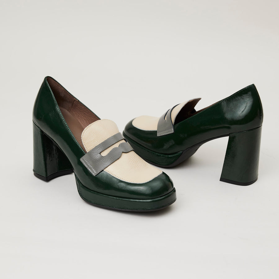 Wonders Green, Cream, Grey Combination Patent Leather Heeled Brogues - Nozomi