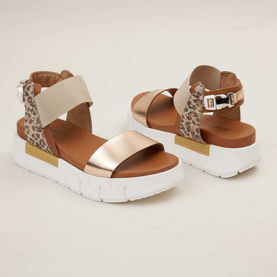 NeroGiardini Nude Metallic & Leopard Sandals - Nozomi